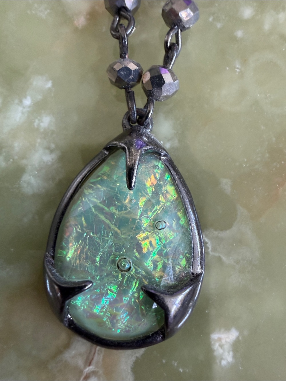 Silver Tone Double Strand Necklace with Green Opalescent Teardrop Pendant - Picture 4 of 5